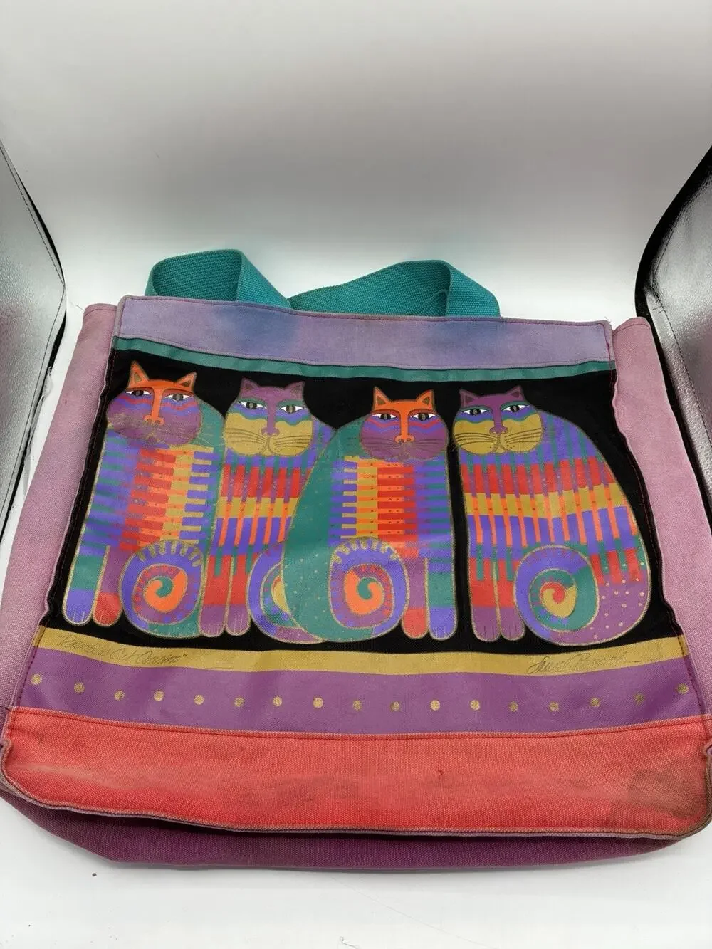 Vintage Laurel Burch Feline Cousins Canvas Tote Bag Cats As Is Heavy Wear
